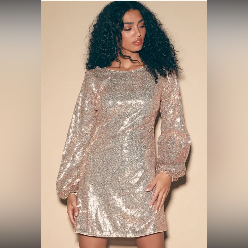 Lulus Paityn rose gold sequin balloon sleeve mini dress